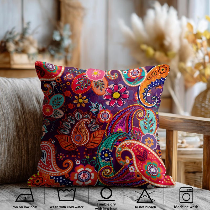 Shrahala Red Paisley Indian Decorative Pillow Covers, Chinese Colorful Flowers Pattern Floral Ethnic Indian Asian Cushion Case Sofa Bedroom Throw Pillow Covers Square 20 x 20 inches Red, Set of 2 - Image 3